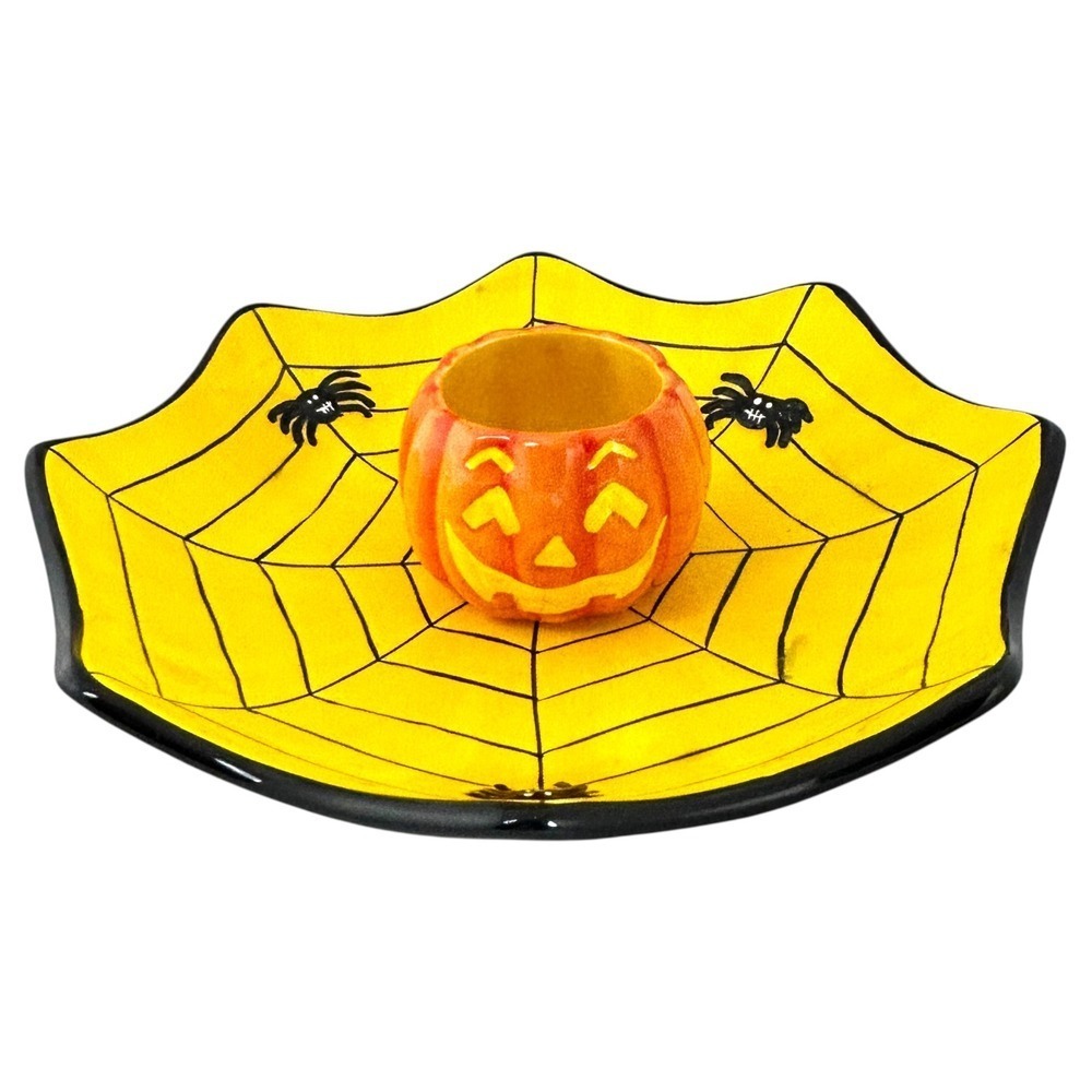 Dennis East Halloween Jack-o-Lantern Spiderweb Candy Dish‎ Chip & Dip Bowl 2005